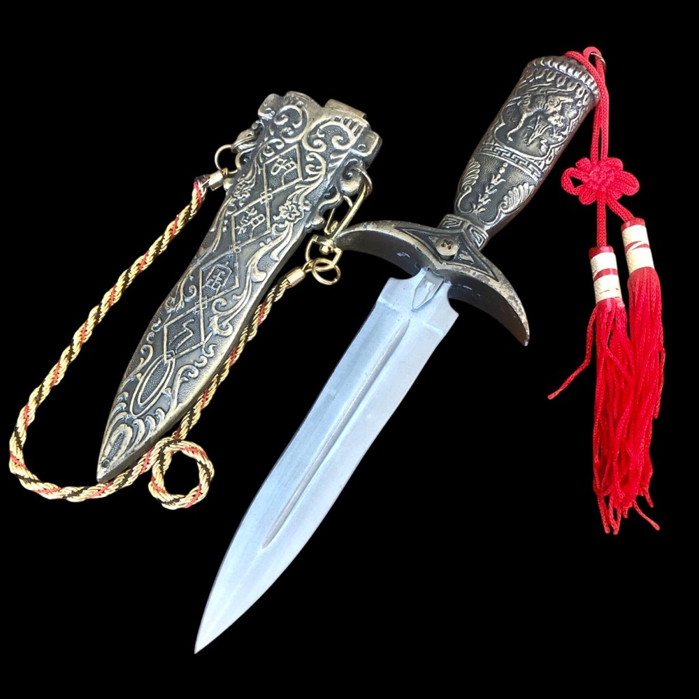 Monastery Guard Dagger Tibetan Mongolian Ritual Knife Metal Sheath Red Tassel ￼